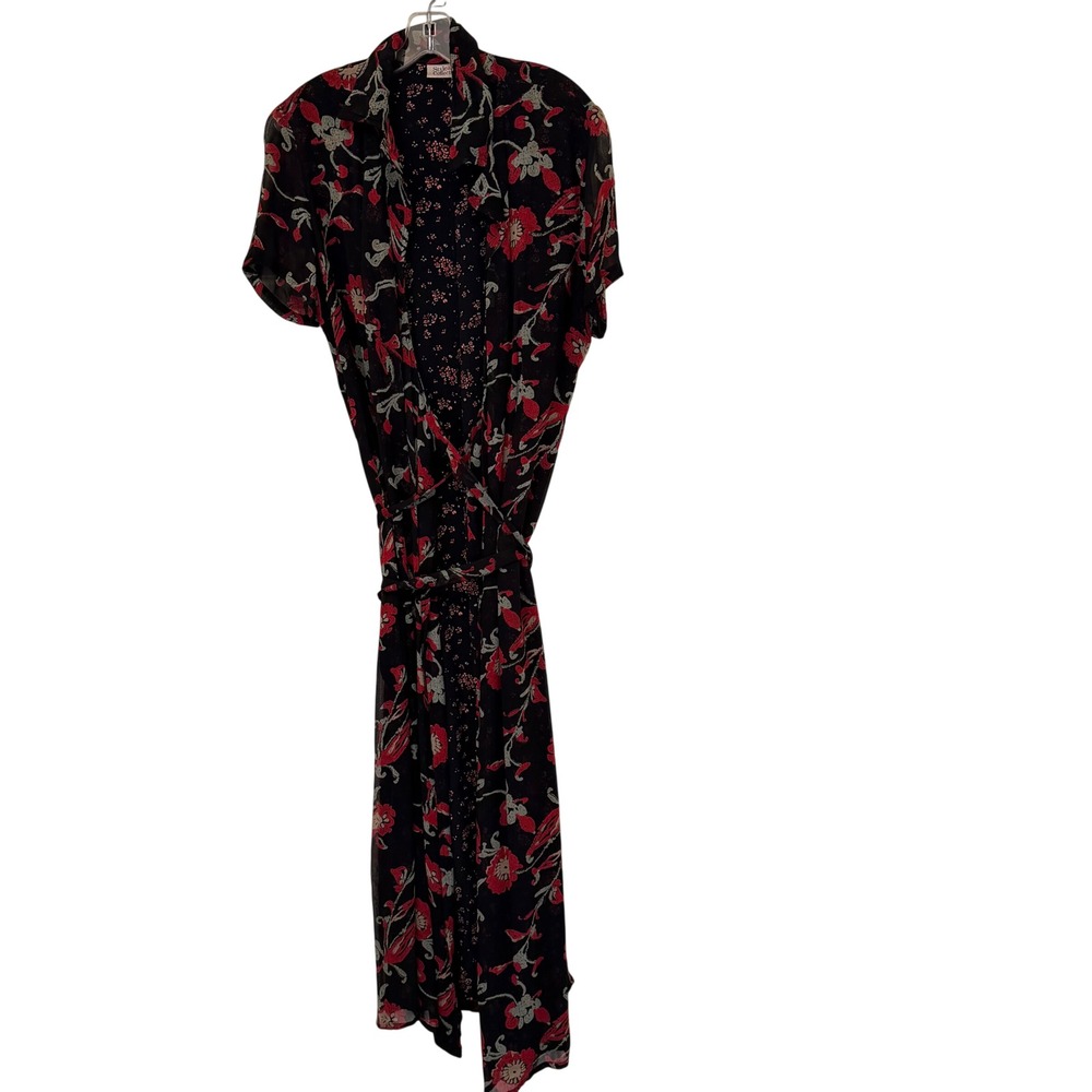Style Co Floral Maxi Dress Womens Black Red Mixed Print Tie Waist Short Sleeve